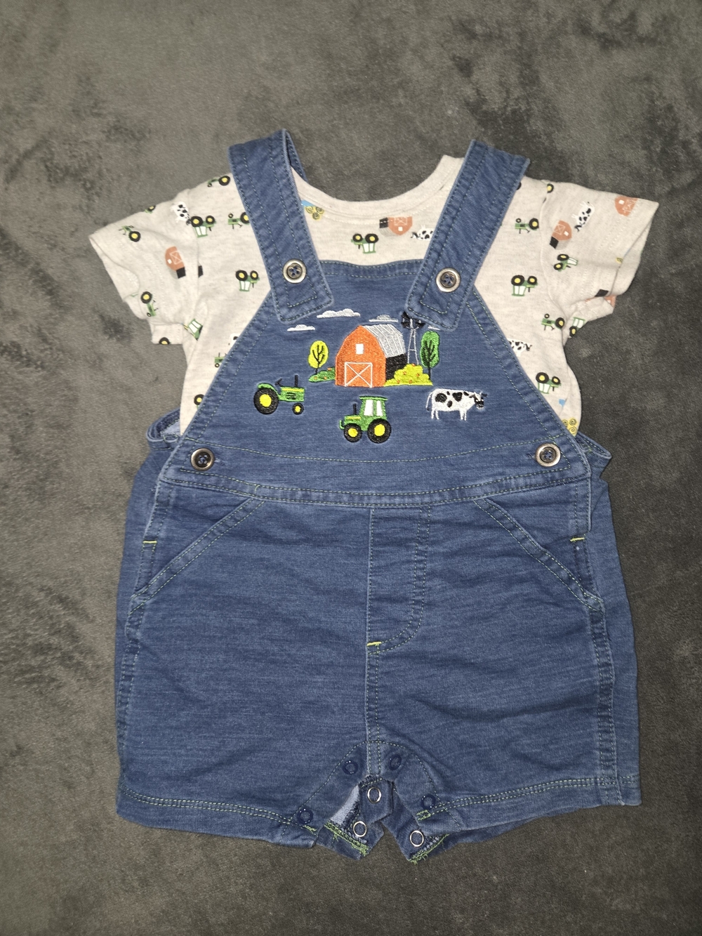 Infant Blue Denim-Style Farm Overalls with Tractor Embroidery